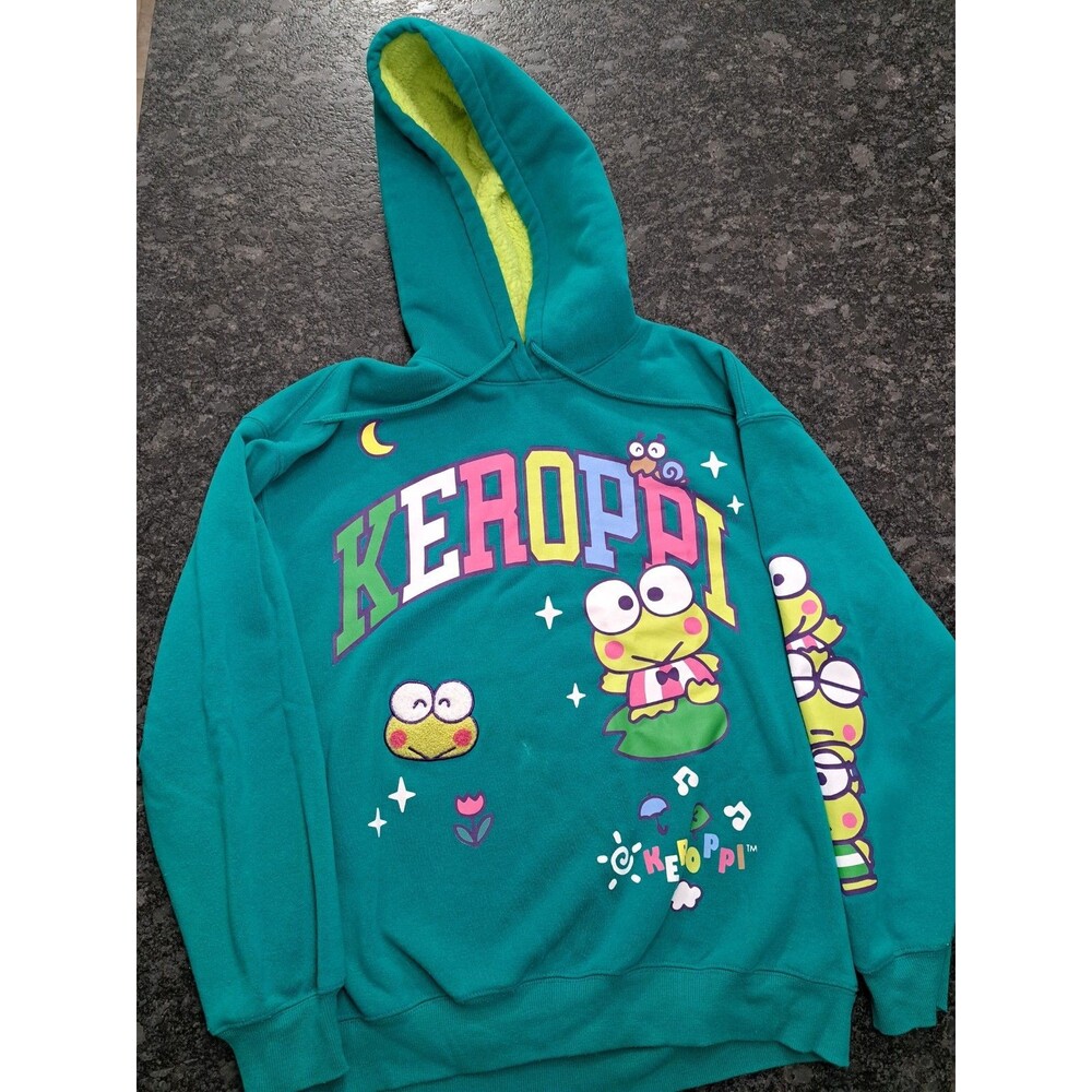 Sanrio Keroppi Pullover Sweatshirt Sherpa Fleece Lined Green Hoodie Unisex Large